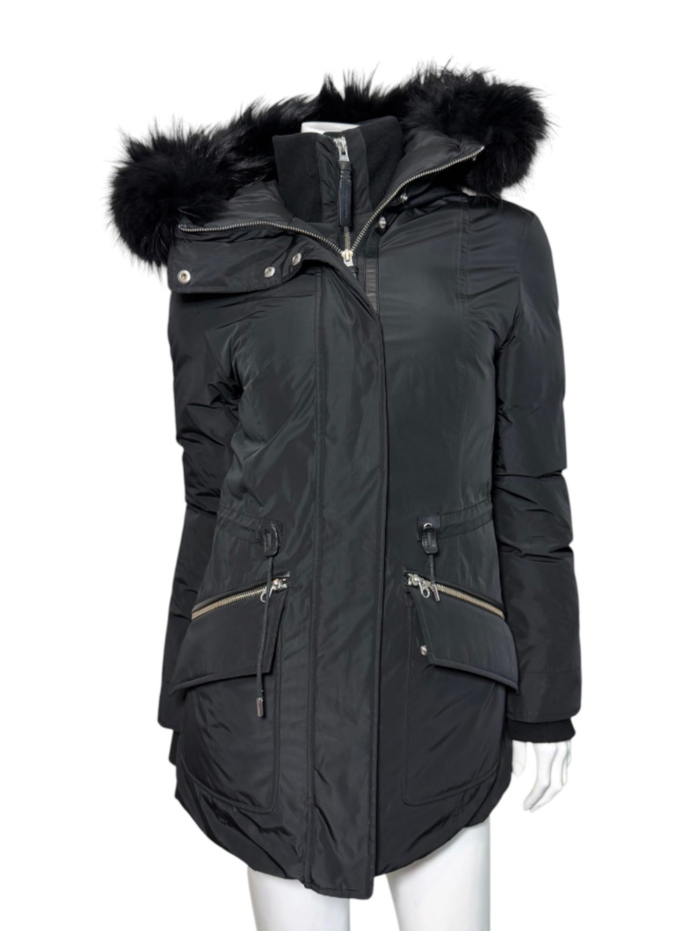 Mackage Down Parka Coat Real Asiatic Raccoon Fur Leather Trim Black XXS